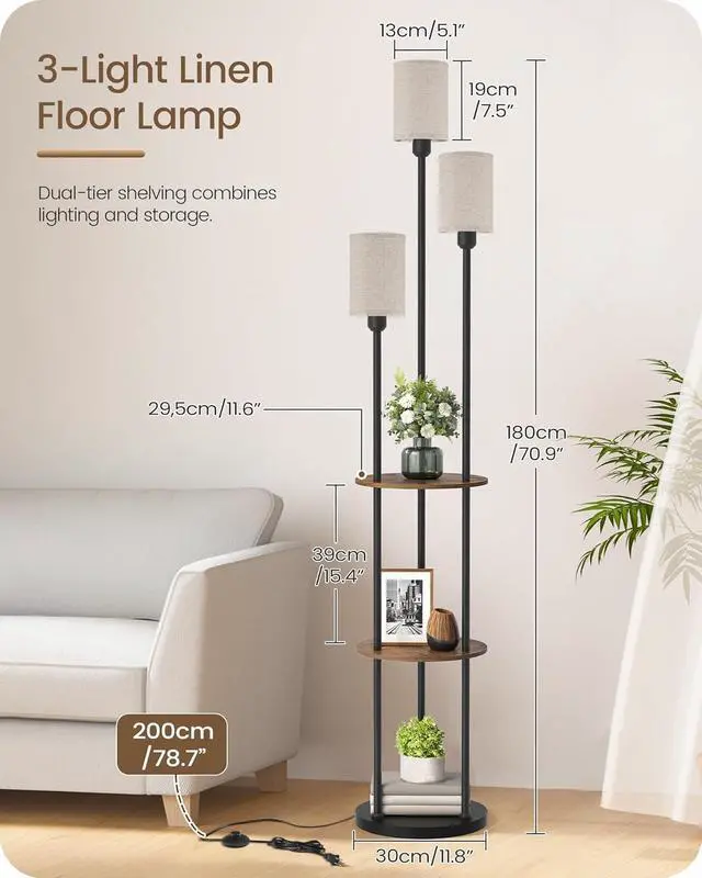 Alt view image 2 of 7 - Floor Lamp with Shelves, Modern Floor Lamp with 3 Linen Shades and Foot Switch, 3-Light Standing Lamp, for Living Room, Bedroom, Study, Office, Rustic Brown and Beige EF53LD05