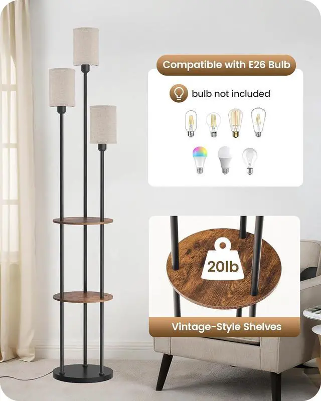 Alt view image 3 of 7 - Floor Lamp with Shelves, Modern Floor Lamp with 3 Linen Shades and Foot Switch, 3-Light Standing Lamp, for Living Room, Bedroom, Study, Office, Rustic Brown and Beige EF53LD05