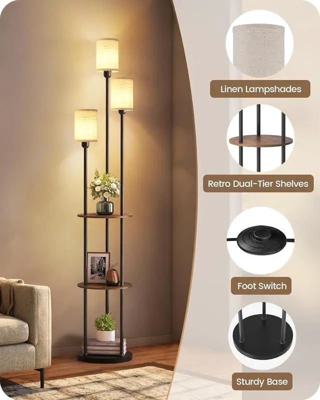 Alt view image 4 of 7 - Floor Lamp with Shelves, Modern Floor Lamp with 3 Linen Shades and Foot Switch, 3-Light Standing Lamp, for Living Room, Bedroom, Study, Office, Rustic Brown and Beige EF53LD05