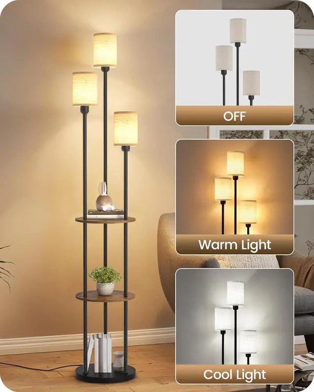 Alt view image 5 of 7 - Floor Lamp with Shelves, Modern Floor Lamp with 3 Linen Shades and Foot Switch, 3-Light Standing Lamp, for Living Room, Bedroom, Study, Office, Rustic Brown and Beige EF53LD05
