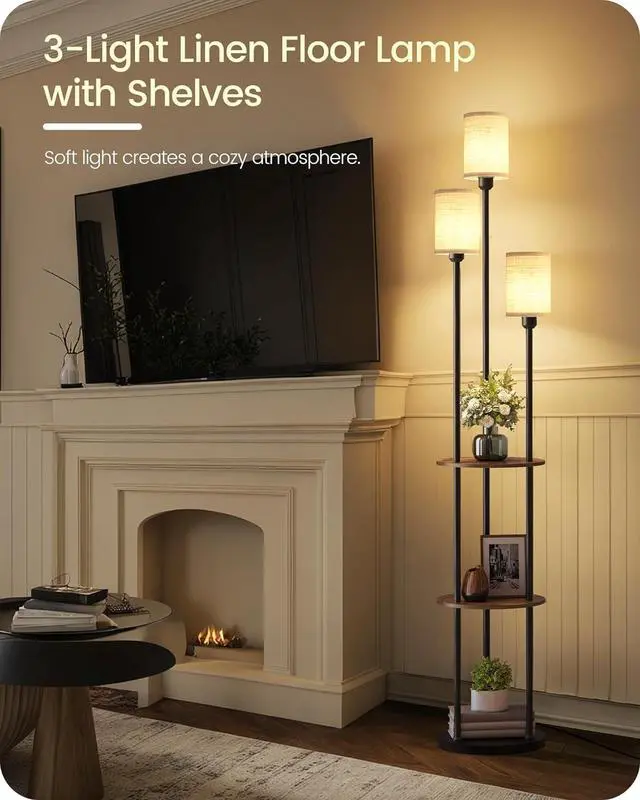 Alt view image 6 of 7 - Floor Lamp with Shelves, Modern Floor Lamp with 3 Linen Shades and Foot Switch, 3-Light Standing Lamp, for Living Room, Bedroom, Study, Office, Rustic Brown and Beige EF53LD05