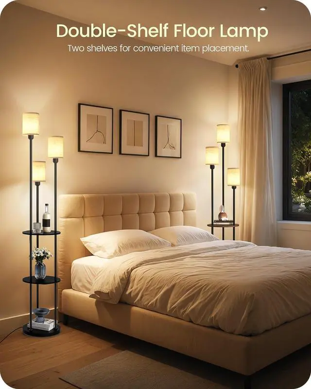 Alt view image 7 of 7 - Floor Lamp with Shelves, Modern Floor Lamp with 3 Linen Shades and Foot Switch, 3-Light Standing Lamp, for Living Room, Bedroom, Study, Office, Rustic Brown and Beige EF53LD05