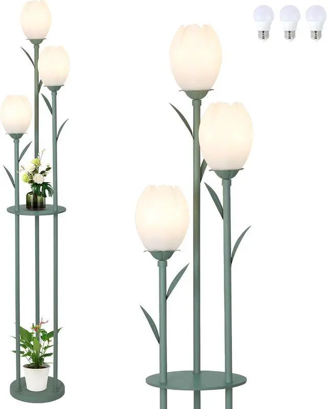 Main image of 3-Light Flower Floor Lamps for Living Room, Green Floor Lamp with Shelves, Unique Tulip Standing Lamp with 3 LED Blubs, Cute Floral Tall Lamp, Modern Stand Up Light Decor for Bedroom, Kids Room