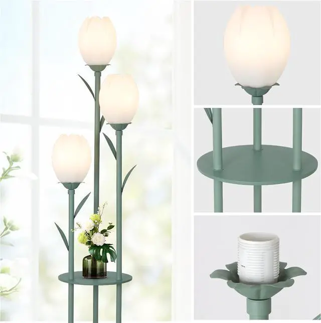 Alt view image 2 of 7 - 3-Light Flower Floor Lamps for Living Room, Green Floor Lamp with Shelves, Unique Tulip Standing Lamp with 3 LED Blubs, Cute Floral Tall Lamp, Modern Stand Up Light Decor for Bedroom, Kids Room