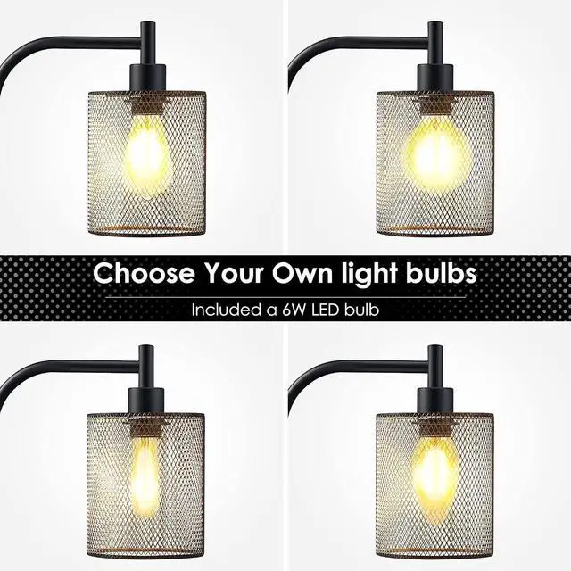 Alt view image 3 of 6 - BoostArea Industrial Floor Lamp, Standing Lamp with Hanging Iron Mesh Lamp Shade, 6W LED Bulb, Whole Metal Farmhouse Floor Lamp with Foot Switch, Rustic Floor Lamps for Living Room Bedroom, Black