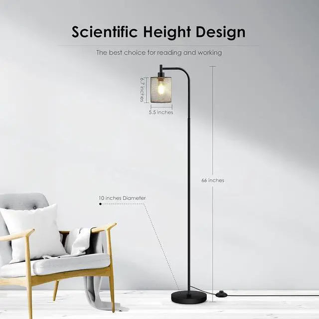 Alt view image 4 of 6 - BoostArea Industrial Floor Lamp, Standing Lamp with Hanging Iron Mesh Lamp Shade, 6W LED Bulb, Whole Metal Farmhouse Floor Lamp with Foot Switch, Rustic Floor Lamps for Living Room Bedroom, Black