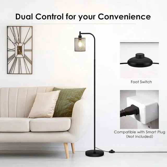 Alt view image 6 of 6 - BoostArea Industrial Floor Lamp, Standing Lamp with Hanging Iron Mesh Lamp Shade, 6W LED Bulb, Whole Metal Farmhouse Floor Lamp with Foot Switch, Rustic Floor Lamps for Living Room Bedroom, Black