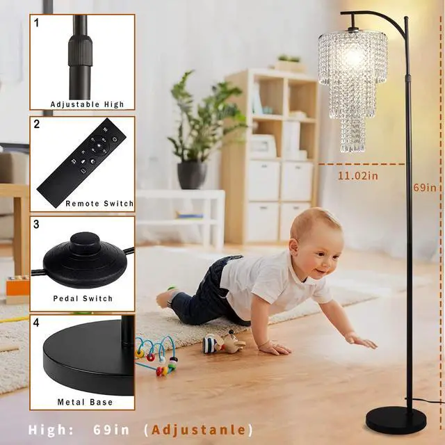 Alt view image 5 of 7 - Arc Floor Lamp for Living Room Modern Floor Lamp with Remote Control,Dimmable Crystal Floor Lamps Black Standing Lamp with 10 Color Temperature Tall Chandelier Floor Lamps for Bedroom Corner