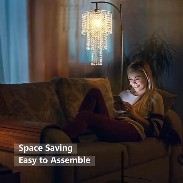 Alt view image 7 of 7 - Arc Floor Lamp for Living Room Modern Floor Lamp with Remote Control,Dimmable Crystal Floor Lamps Black Standing Lamp with 10 Color Temperature Tall Chandelier Floor Lamps for Bedroom Corner