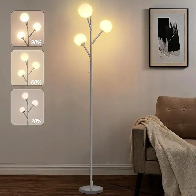 Main image of Dimmable 3-Globe Mid Century Modern Floor Lamp, Bulbs Included,70in Tall Silver Standing Floor Lamp with Frosted Glass Shade for Living Room,Office Bedroom, Study Room, Hotel, (dimmer-Silver)