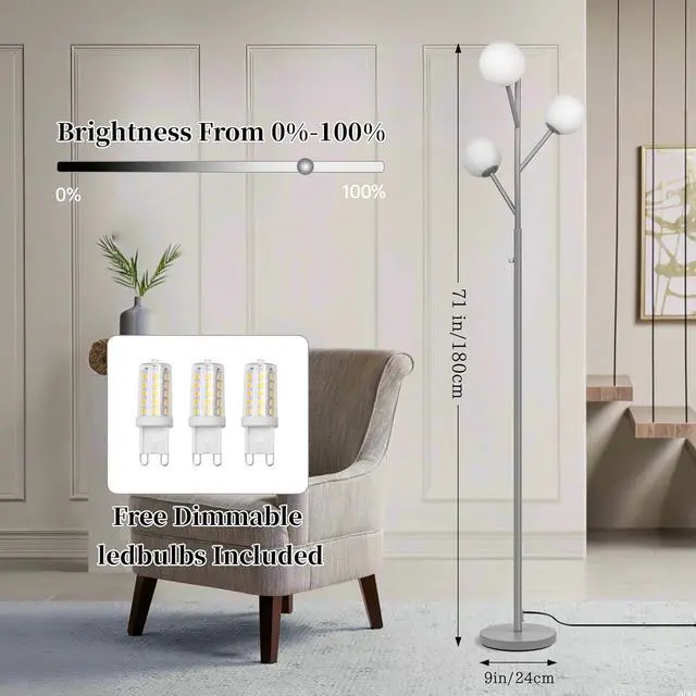 Alt view image 2 of 7 - Dimmable 3-Globe Mid Century Modern Floor Lamp, Bulbs Included,70in Tall Silver Standing Floor Lamp with Frosted Glass Shade for Living Room,Office Bedroom, Study Room, Hotel, (dimmer-Silver)