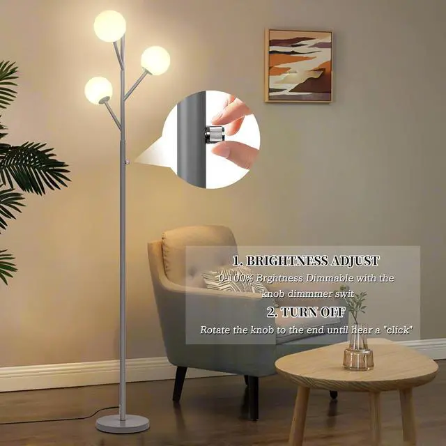 Alt view image 4 of 7 - Dimmable 3-Globe Mid Century Modern Floor Lamp, Bulbs Included,70in Tall Silver Standing Floor Lamp with Frosted Glass Shade for Living Room,Office Bedroom, Study Room, Hotel, (dimmer-Silver)