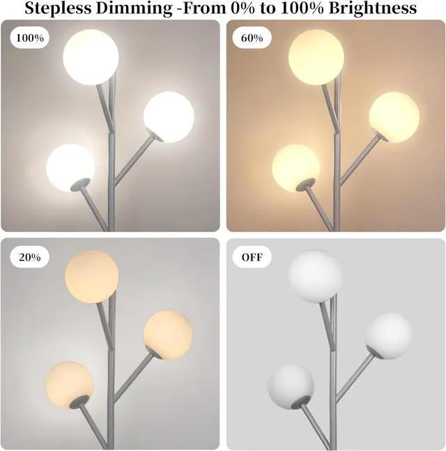 Alt view image 3 of 7 - Dimmable 3-Globe Mid Century Modern Floor Lamp, Bulbs Included,70in Tall Silver Standing Floor Lamp with Frosted Glass Shade for Living Room,Office Bedroom, Study Room, Hotel, (dimmer-Silver)