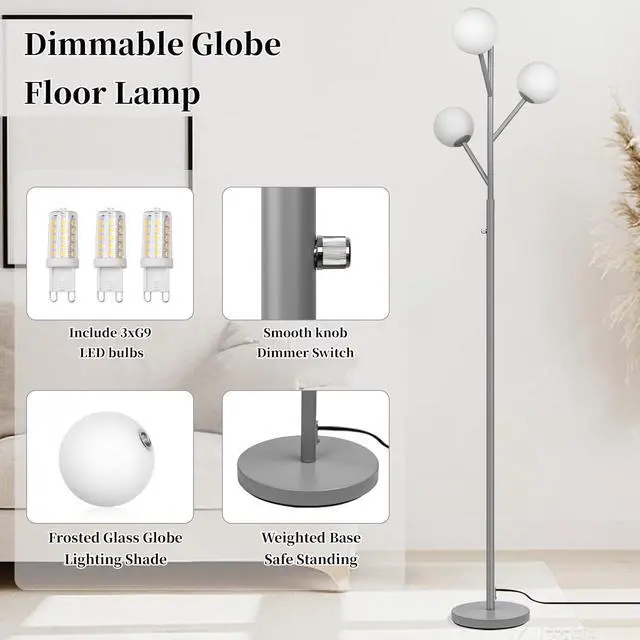 Alt view image 5 of 7 - Dimmable 3-Globe Mid Century Modern Floor Lamp, Bulbs Included,70in Tall Silver Standing Floor Lamp with Frosted Glass Shade for Living Room,Office Bedroom, Study Room, Hotel, (dimmer-Silver)
