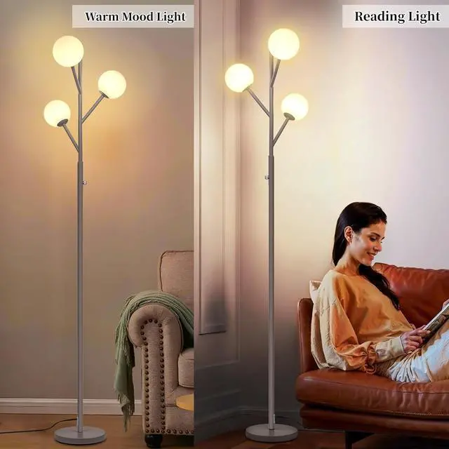 Alt view image 6 of 7 - Dimmable 3-Globe Mid Century Modern Floor Lamp, Bulbs Included,70in Tall Silver Standing Floor Lamp with Frosted Glass Shade for Living Room,Office Bedroom, Study Room, Hotel, (dimmer-Silver)