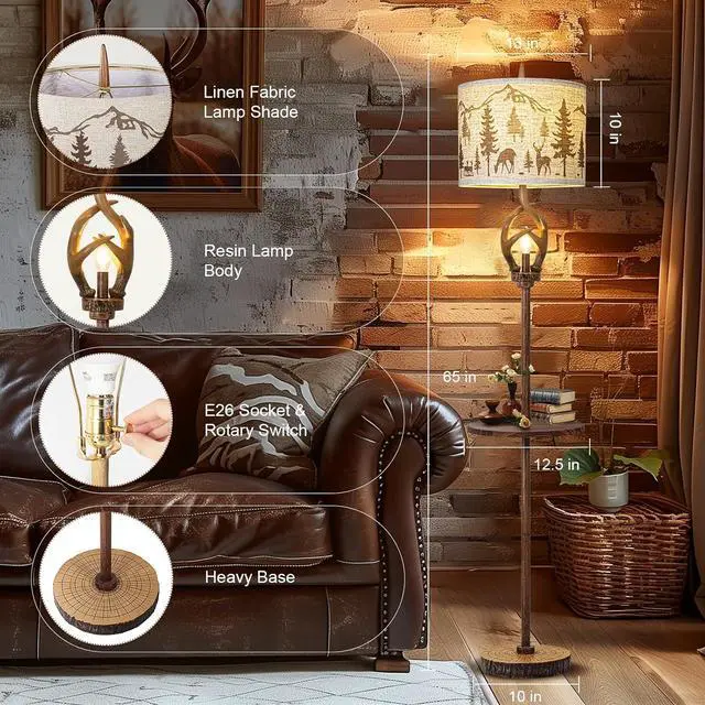 Alt view image 2 of 7 - Vintage Deer Antlers Floor Lamps for Living Room with Night Light, Rustic Tall Lamp Decor for Bedroom with Metal Tray. Farmhouse Standing Lamp for Home Office Study Restaurant (Bulb Included)