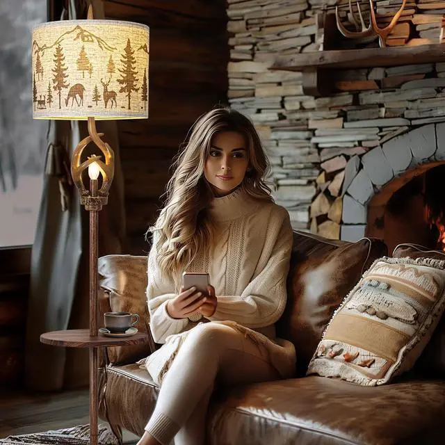 Alt view image 4 of 7 - Vintage Deer Antlers Floor Lamps for Living Room with Night Light, Rustic Tall Lamp Decor for Bedroom with Metal Tray. Farmhouse Standing Lamp for Home Office Study Restaurant (Bulb Included)