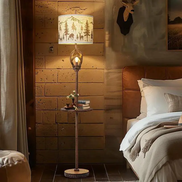 Alt view image 5 of 7 - Vintage Deer Antlers Floor Lamps for Living Room with Night Light, Rustic Tall Lamp Decor for Bedroom with Metal Tray. Farmhouse Standing Lamp for Home Office Study Restaurant (Bulb Included)