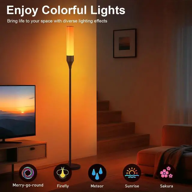 Alt view image 5 of 7 - LED Floor Lamp for Living Room, Smart Floor Lamp with Bluetooth Speaker and White Noises, 1600LM Bright Modern Standing Lamp with Music Sync, Remote Control, RGB Corner Lamp for Bedroom, Office