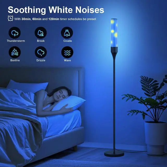 Alt view image 6 of 7 - LED Floor Lamp for Living Room, Smart Floor Lamp with Bluetooth Speaker and White Noises, 1600LM Bright Modern Standing Lamp with Music Sync, Remote Control, RGB Corner Lamp for Bedroom, Office
