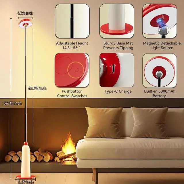 Alt view image 6 of 7 - LIGHTVERSE Floor Lamp for Living Room 360° Magnetic Bright Lights, Cordless Standing Corner Lamps 3 Ways to Use Adjustable Height, 3 Color Stepless Dimmable Light Gift for Family Friends