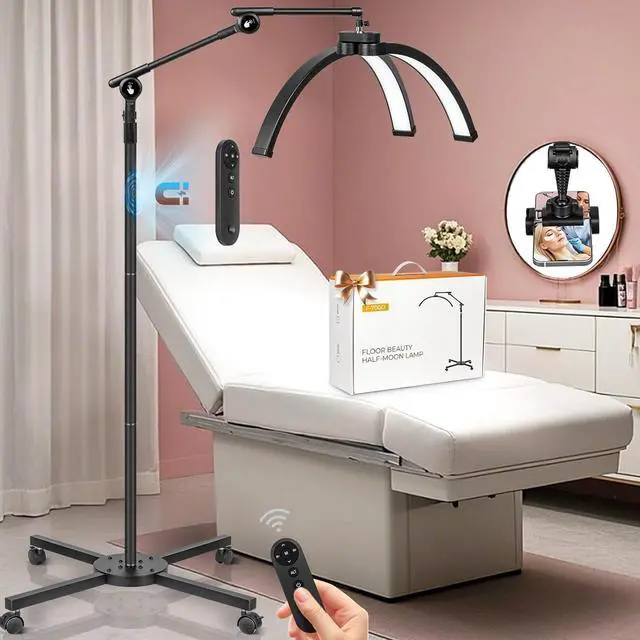 Main image of HITTI Half Moon Light for Eyelash Extensions Tattoo Artists, 2025 New Upgrad LED Lash Tech Light with 4 Wheel Rolling Base, Large Floor Eyelash Lamp 5 Color Modes Stepless Dimming & Phone Holder-Balck