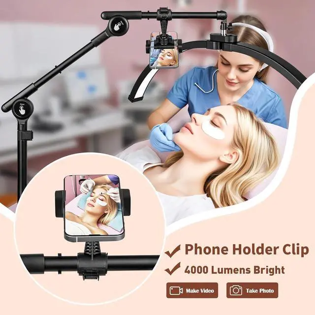 Alt view image 5 of 7 - HITTI Half Moon Light for Eyelash Extensions Tattoo Artists, 2025 New Upgrad LED Lash Tech Light with 4 Wheel Rolling Base, Large Floor Eyelash Lamp 5 Color Modes Stepless Dimming & Phone Holder-Balck
