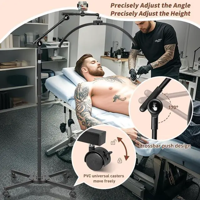 Alt view image 6 of 7 - HITTI Half Moon Light for Eyelash Extensions Tattoo Artists, 2025 New Upgrad LED Lash Tech Light with 4 Wheel Rolling Base, Large Floor Eyelash Lamp 5 Color Modes Stepless Dimming & Phone Holder-Balck