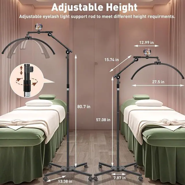 Alt view image 7 of 7 - HITTI Half Moon Light for Eyelash Extensions Tattoo Artists, 2025 New Upgrad LED Lash Tech Light with 4 Wheel Rolling Base, Large Floor Eyelash Lamp 5 Color Modes Stepless Dimming & Phone Holder-Balck