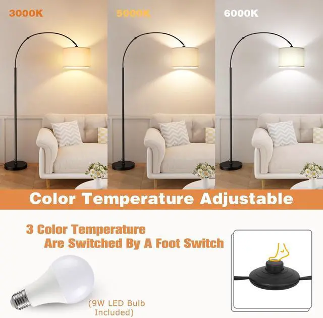 Alt view image 3 of 7 - Arc Floor Lamps for Living Room,Modern Standing Lamp with 3 Color Temperature,Over Couch Arched Tall Pole Lamp with Foot Switch for Bedroom,Office,Bulb Included