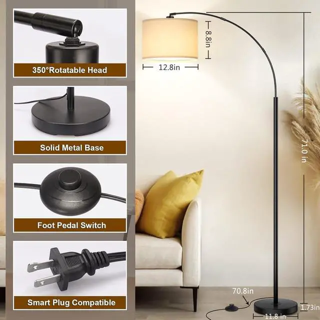 Alt view image 6 of 7 - Arc Floor Lamps for Living Room,Modern Standing Lamp with 3 Color Temperature,Over Couch Arched Tall Pole Lamp with Foot Switch for Bedroom,Office,Bulb Included