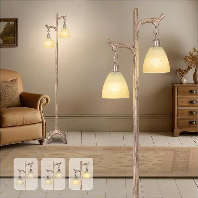 Main image of 68" Farmhouse Floor Lamp with Glass Shade for Living Room, Vintage Standing Lamp for Bedroom, Rustic Floor Lamp Stepless Dimmable Tree Trunk Tall Lamp for Home Room Office Decor (Bulb Included)
