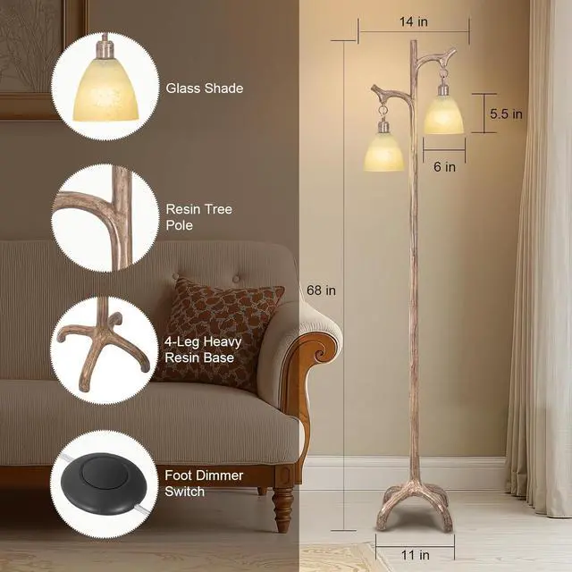 Alt view image 2 of 6 - 68" Farmhouse Floor Lamp with Glass Shade for Living Room, Vintage Standing Lamp for Bedroom, Rustic Floor Lamp Stepless Dimmable Tree Trunk Tall Lamp for Home Room Office Decor (Bulb Included)