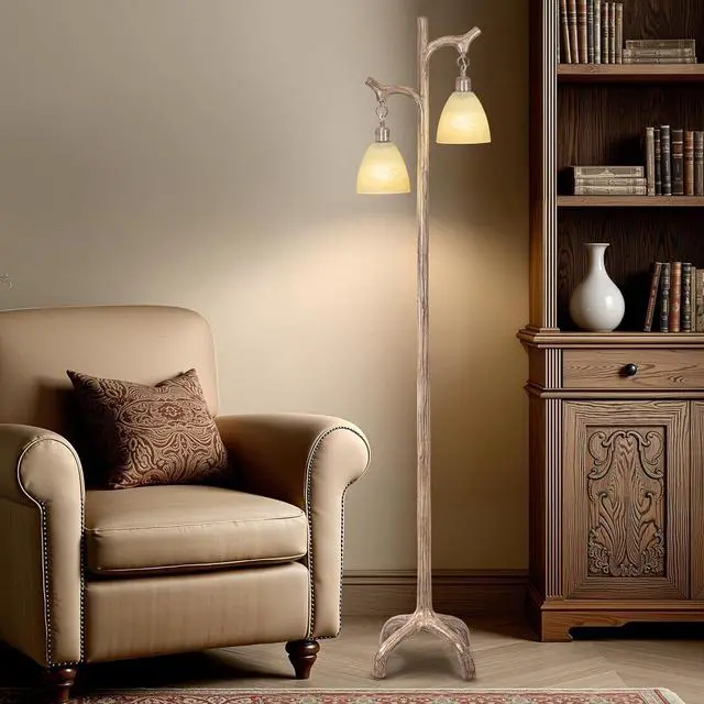 Alt view image 6 of 6 - 68" Farmhouse Floor Lamp with Glass Shade for Living Room, Vintage Standing Lamp for Bedroom, Rustic Floor Lamp Stepless Dimmable Tree Trunk Tall Lamp for Home Room Office Decor (Bulb Included)