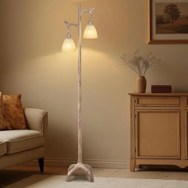 Alt view image 5 of 6 - 68" Farmhouse Floor Lamp with Glass Shade for Living Room, Vintage Standing Lamp for Bedroom, Rustic Floor Lamp Stepless Dimmable Tree Trunk Tall Lamp for Home Room Office Decor (Bulb Included)