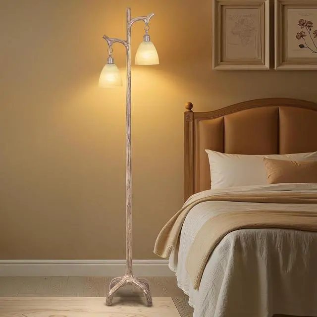 Alt view image 4 of 6 - 68" Farmhouse Floor Lamp with Glass Shade for Living Room, Vintage Standing Lamp for Bedroom, Rustic Floor Lamp Stepless Dimmable Tree Trunk Tall Lamp for Home Room Office Decor (Bulb Included)