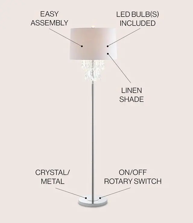Alt view image 2 of 7 - JONATHAN Y JYL2034A Abigail 61" Crystal/Metal LED Floor Lamp Contemporary,Transitional,Traditional,Glam for Bedrooms, Living Room, Office, Reading, Clear/Chrome