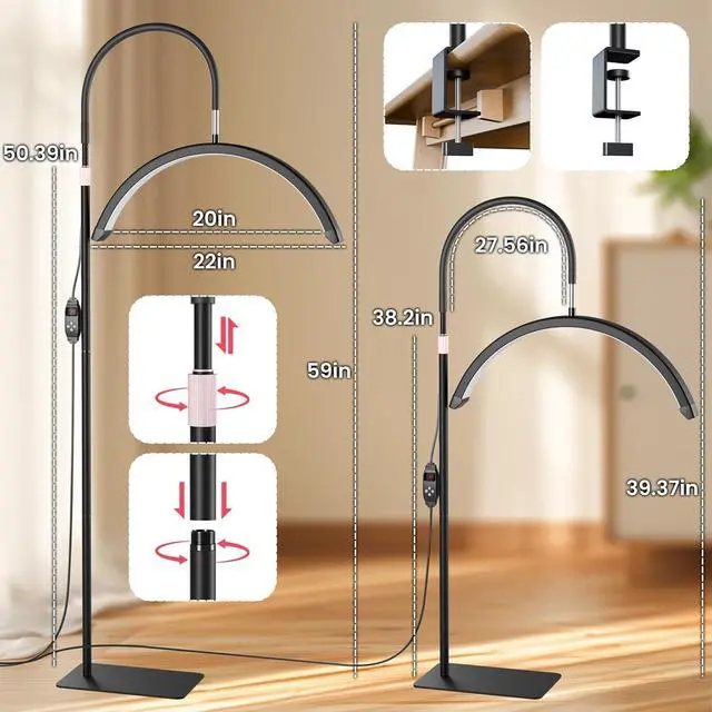 Alt view image 4 of 7 - 6in1 Colors Half Moon LED Desk/Floor Lamp, 3000LM 48W Bright Eyelash Light, Includes Desktop Clip & Stand Mount for Eyelash Extensions, Skincare, Tattoo, Nail Art, Beauty, Salon Use(Black)