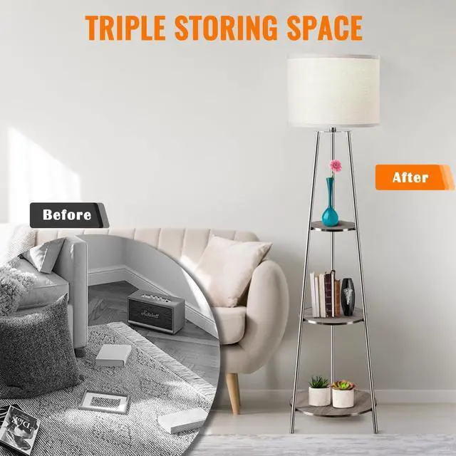 Alt view image 2 of 7 - Floor Lamp, 3-Tier Round Corner Shelf Floor Lamp with 3 Dimmable Levels - Simple Standing Lamp with White Fabric Shade, Tall Modern Floor Lamps with Shelves for Bedroom, Living Room and Office