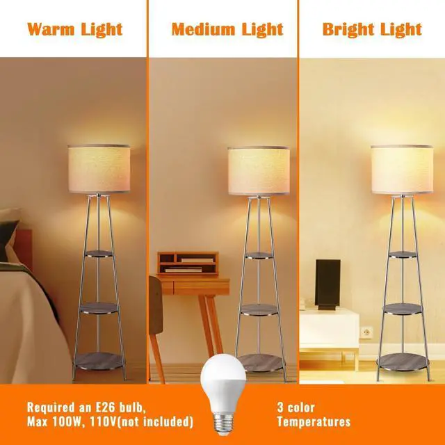 Alt view image 3 of 7 - Floor Lamp, 3-Tier Round Corner Shelf Floor Lamp with 3 Dimmable Levels - Simple Standing Lamp with White Fabric Shade, Tall Modern Floor Lamps with Shelves for Bedroom, Living Room and Office