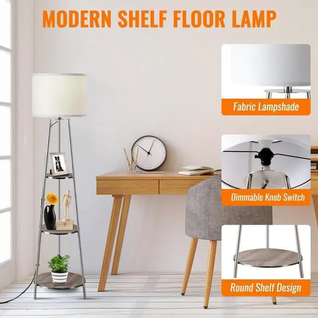 Alt view image 4 of 7 - Floor Lamp, 3-Tier Round Corner Shelf Floor Lamp with 3 Dimmable Levels - Simple Standing Lamp with White Fabric Shade, Tall Modern Floor Lamps with Shelves for Bedroom, Living Room and Office