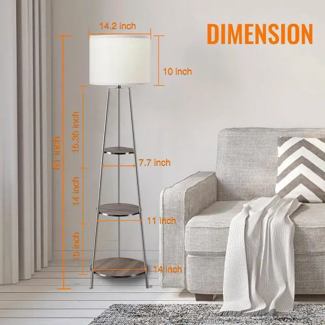 Alt view image 5 of 7 - Floor Lamp, 3-Tier Round Corner Shelf Floor Lamp with 3 Dimmable Levels - Simple Standing Lamp with White Fabric Shade, Tall Modern Floor Lamps with Shelves for Bedroom, Living Room and Office