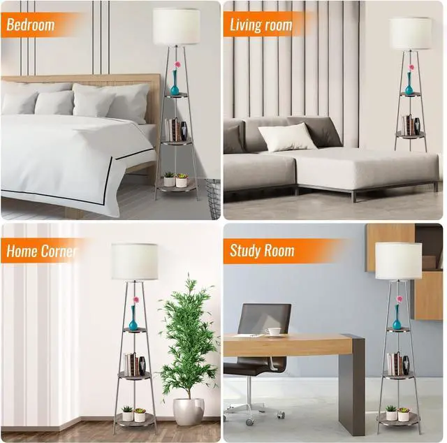 Alt view image 7 of 7 - Floor Lamp, 3-Tier Round Corner Shelf Floor Lamp with 3 Dimmable Levels - Simple Standing Lamp with White Fabric Shade, Tall Modern Floor Lamps with Shelves for Bedroom, Living Room and Office