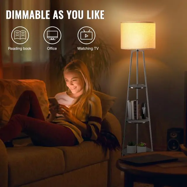 Alt view image 6 of 7 - Floor Lamp, 3-Tier Round Corner Shelf Floor Lamp with 3 Dimmable Levels - Simple Standing Lamp with White Fabric Shade, Tall Modern Floor Lamps with Shelves for Bedroom, Living Room and Office