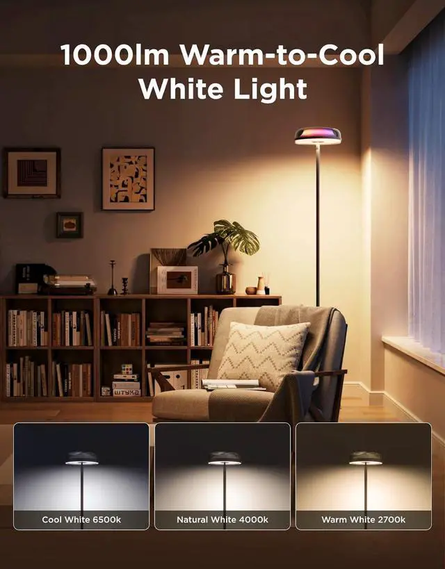 Alt view image 3 of 7 - Govee Uplighter Floor Lamp for Living Room, RGBIC Ripple Projector, Floor Lamp for Bedroom Works with Matter, 215 ft² Light Area, 1000lm LED Modern Corner Floor Light, Warm Cool White Standing Lamp