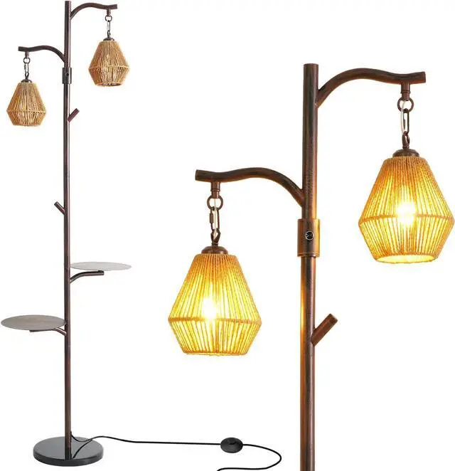 Main image of Hsyile Arc Floor Lamp with Cage Shade,Rattan&Fabric Boho Floor Lamps for Living Room Bedroom,Rust Color Industrial Dimmable Floor Light,Farmhouse Rustic Tall Lamp for Office Reading