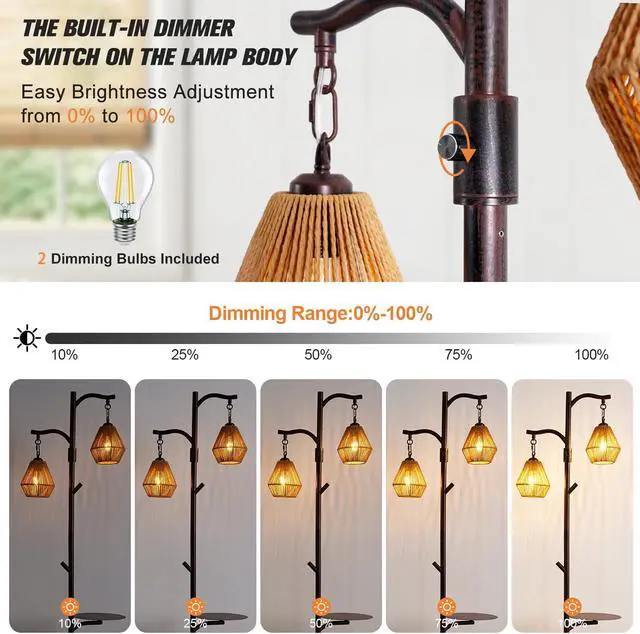 Alt view image 3 of 7 - Hsyile Arc Floor Lamp with Cage Shade,Rattan&Fabric Boho Floor Lamps for Living Room Bedroom,Rust Color Industrial Dimmable Floor Light,Farmhouse Rustic Tall Lamp for Office Reading