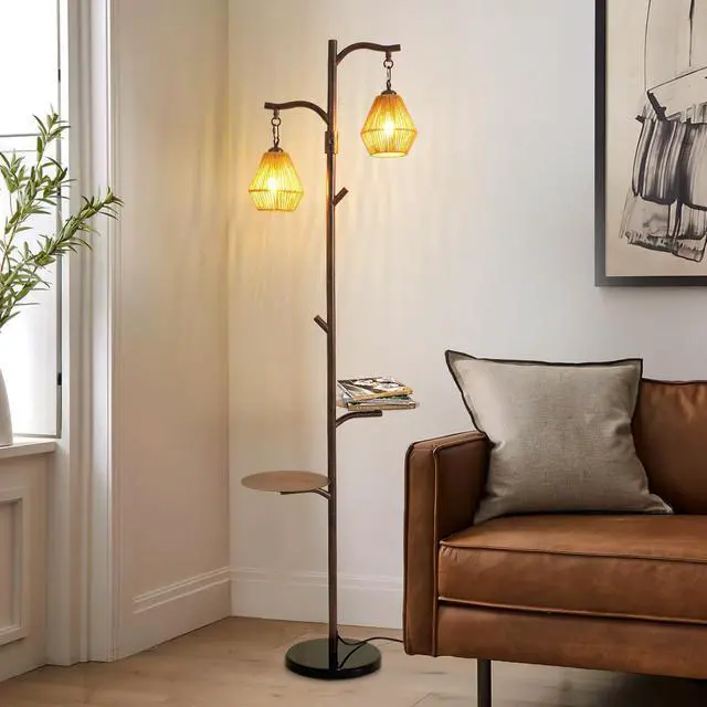 Alt view image 2 of 7 - Hsyile Arc Floor Lamp with Cage Shade,Rattan&Fabric Boho Floor Lamps for Living Room Bedroom,Rust Color Industrial Dimmable Floor Light,Farmhouse Rustic Tall Lamp for Office Reading