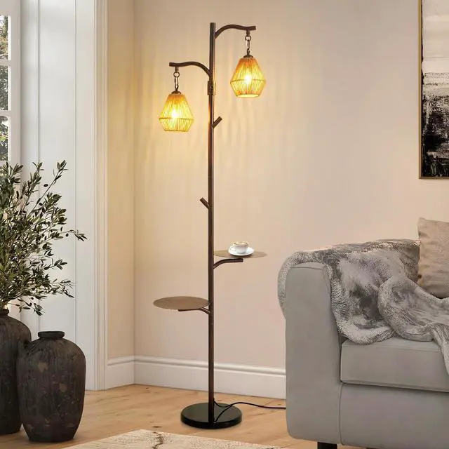 Alt view image 4 of 7 - Hsyile Arc Floor Lamp with Cage Shade,Rattan&Fabric Boho Floor Lamps for Living Room Bedroom,Rust Color Industrial Dimmable Floor Light,Farmhouse Rustic Tall Lamp for Office Reading