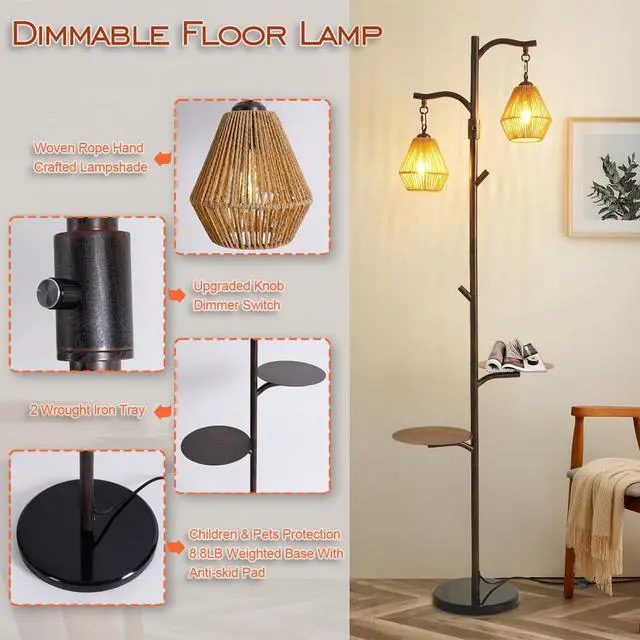 Alt view image 6 of 7 - Hsyile Arc Floor Lamp with Cage Shade,Rattan&Fabric Boho Floor Lamps for Living Room Bedroom,Rust Color Industrial Dimmable Floor Light,Farmhouse Rustic Tall Lamp for Office Reading